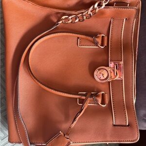 Michael Kors Brown Leather Saffiano Tote with Gold Accents